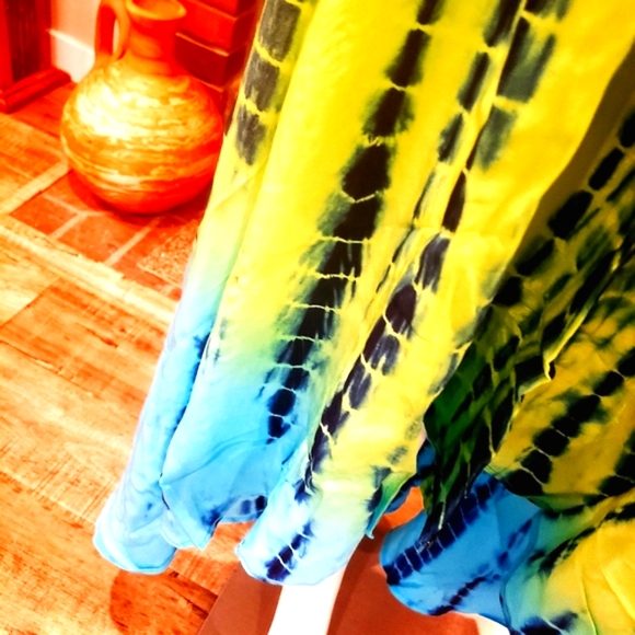 *LAST ONE*MANISH VAID- LIME Grn & Blue TIE Dye SILK Hi-Lo Cry. DRESS-NWT-O/S - Picture 7 of 9